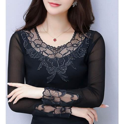 Embroidery Women Spring Autumn Style Lace Blouses Shirts Lady Casual Long Sleeve O-Neck Lace Blusas Tops DD8017