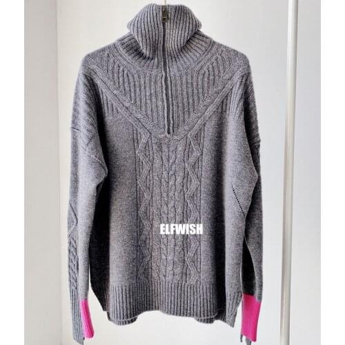 2022fw Woman Grey Cashmere Twisted Jumper High Collar with Zipper Long Sleeves Contrast Cuffs Fashion Knitwear