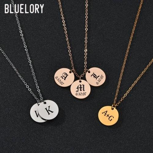 Bluelory Custom Name Letter Statement Necklaces 16mm Stainless Steel Round Pendant For Women Anniversary Gift