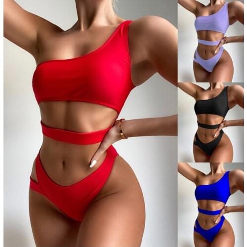 Womens Swimwear One Piece Swimsuit Sexy Lace Up Solid Color High Waist Bathingsuit Hollow Out Single Strap Beachwear 2021 New
