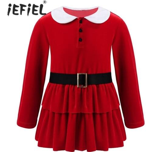 2020 Christmas Party Dress for Girl Santa Costume Velvet Dresses Xmas Gifts Baby Girl Princess Ruffle Hem Dress with Waistband