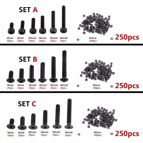 250Pcs/set M3 Hex Socket Screws Bolt Hex Nuts Kit Set Assortment Kit Black Alloy Steel Hardware Cap Button Flat Head For Chooice