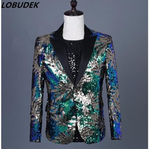 2019 New Design Golden Green Sequins Blazers Tide Male Singer Host Stage Performance Nightclub Costume Party Suit Jacket S-3XL