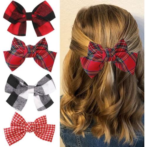 CN Red Plaid Fabric Bowknot French Hair Clips Christmas Top Head Ponytail Hairpin Girls School Party Headwear Xmas Hairbows