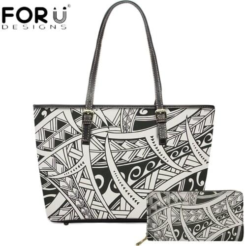 FORUDESIGNS Women Luxury Leather Totes Bag And Wallets Polynesian Topa Pattern Print Female Party Shoulder Bag Shopper Bolsas