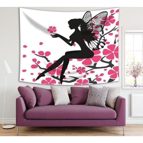 Tapestry Fairy Sitting on Branch of Cherry Tree Flower Blooms Fairytale Fantasy Female Fly Girl Black and Pink Art Print