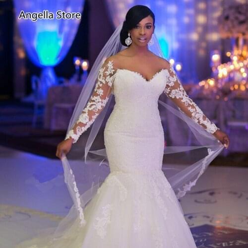 Classic African White Mermaid Lace Wedding Dresses Full Sleeve Off Shoulder Backless Long Bridal Gowns Appliques Vestidos