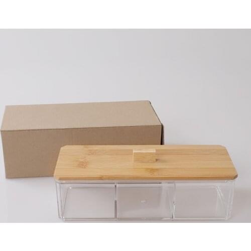 Multifunction Transparent Organizer Cosmetices Cotton Swab Kitchen Seasoning Storage Box with Bamboo Cover J2Y