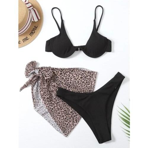 Fashion 3 Piece Bikini Set Solid Black Push Up Bikini with Leopard Cover Up Swimwear Beach Bathing Suit Thong Swimsuit Biquini