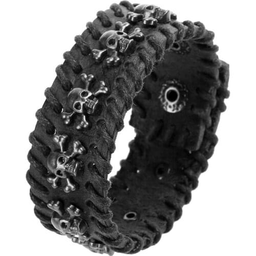 Men Women Punk Rock Style Genuine Leather Skull Bracelet 2.5CM Wide Braided Hand Strap Black Brown Gothic Jewelry