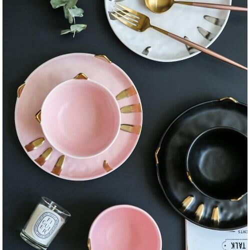 Cute cat pottery pigmented ceramic bowls cats sharp dishes and plates sets pink black white cups with handgrip dinner plate