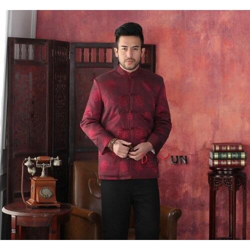 New Fashion Burgundy Winter Thick Male Polyester Overcoat Chinese Cotton-padded Jacket Traditional Tang Suit S M L XL XXL XXXL