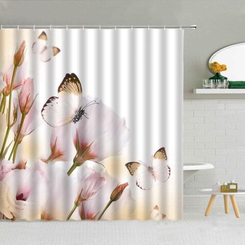Romantic Butterfly White Rose Flower Shower Curtain Spring Floral Scenery Girl Gift Bathroom Decor Waterproof Fabric Curtains