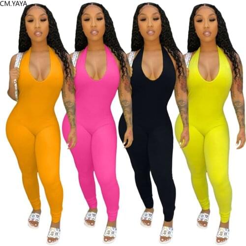 CM.YAYA Women Halter Neck Open Back Bodysuits Skinny Sexy Stacked Fitness Rompers Night Club Party Jumpsuits One Piece Outfit