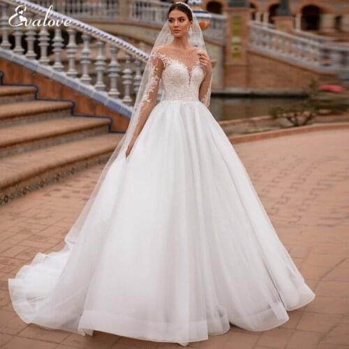 EVALOVE Luxury Scoop Neck Beading Bride A-Line Wedding Dress Long Sleeve Appliques Court Train Customized Princess Bridal Gown