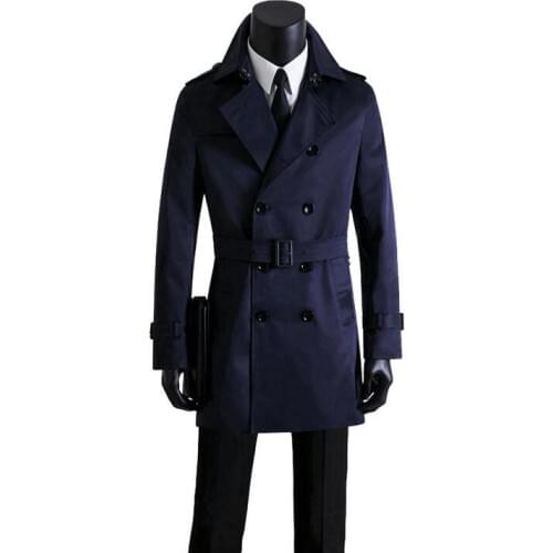 Man trench coat mens spring and autumn plus size casual mens clothing double breasted overcoat men slim outerwear blue S - 9XL