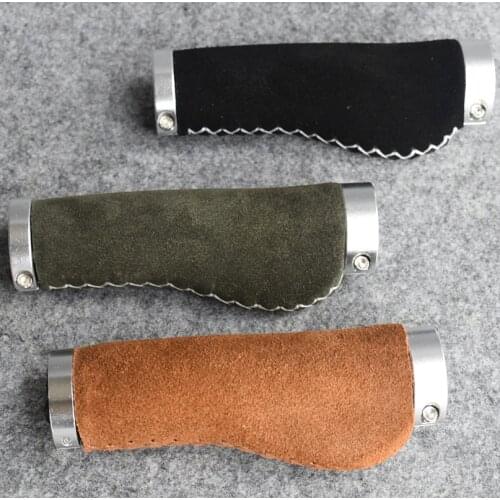 Q1067 Bicycle Grips Leather bike set anti-plush leather breathable sweat retro mountain handlebar sets Brown black dark green