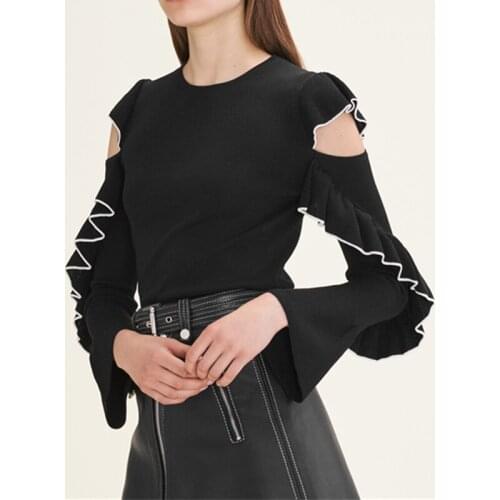 Spring Autumn Elegant Sweater Women Pullovers Black Hole Ruffle Casual Knitwear Fashion Jumper Jersey Harajuku Korean Style ins