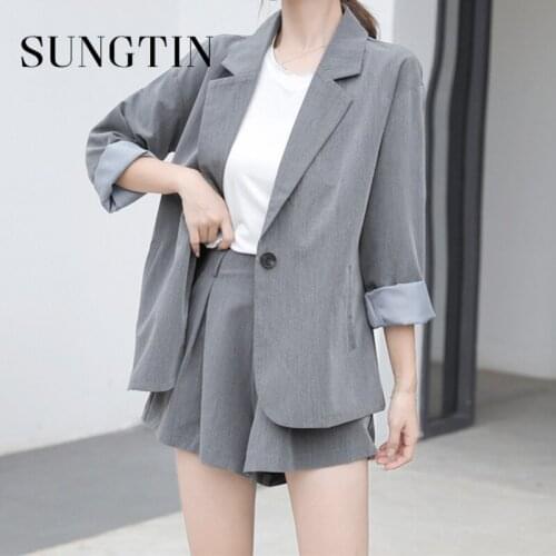 Sungtin Vintage Chic 2 Piece Set Women Suit Blazer and Shorts OL Three Quarter Simple Blazer Wide Leg High Waist Shorts Korean
