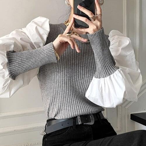 Korea Chic Autumn Temperament Round Neck Contrast Stitching Fake Two Pit Strips Slim-Fit Lantern Sleeve Knit Sweater Women