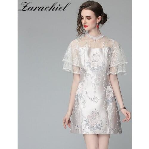 Fashion Satin Jacquard Stitching Lace Flower Embroidery Dress Summer Women Elegant Butterfly Sleeve Cute Runway Party Vestidos