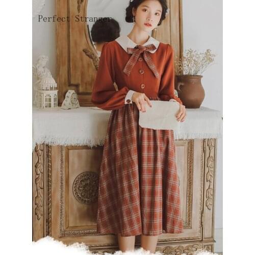 High Quality 2021 Spring New Arrival Peter Pan Collar Bowknot Plaid Women Long Dress