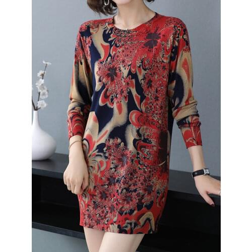 Print Long Sweater Dress Autumn Casual Long Sleeve Pullovers Knitwear Jumper Plus Size Pull Elasticity Geometry Sweater Women