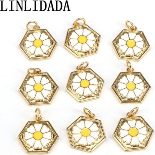 10Pcs White Enamel Daisy Flower On Hexagon Shape Pendant Charm, Enamel Hexagon Charm,DIY Jewelry Making Jewelry Supplies