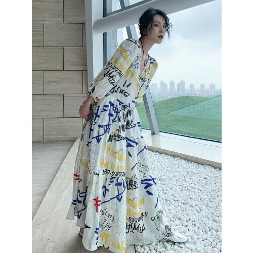 2020 Promotion Summer A-line Vestido Longo Dress Plus Size Womens Dress New For Graffiti Print V-neck Bubble Sleeve Long Women