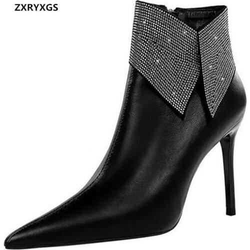 2021 New Spring High Quality Pu Pointed Toe Shiny Rhinestone Fashion Boots Women Boots Fine Heels Black Shoes Warm Winter Boots