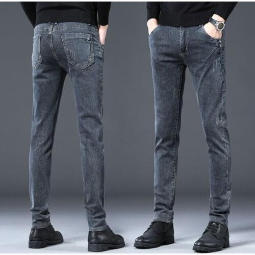 2021 Korean Style Skinny Jeans Men Ripped Fashion Mid Waist Long Length Stretch Denim Pant Plus Size Slim Pencil Jeans 27-36
