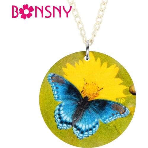 Bonsny Acrylic Round Cute Morphidae Butterfly Necklace Flower Insect Animal Pendant Jewelry For Women Kids Novelty Gift Charms