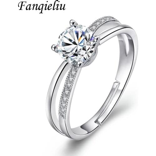 Fanqieliu Four Claw Crystal Solid 925 Sterling Silver Ring For Women Wedding Bands Jewelry Girl Double Layer Cuff Rings FQL20435
