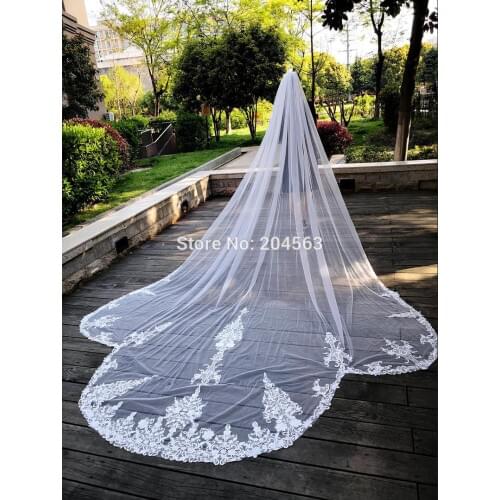 Real Photo Unique 4 Meters One Layer Wedding Veil With Comb Lace Edge Bridal Veils Cathedral Wedding Veil M2020