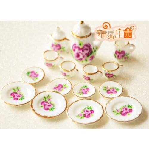 G05-X4328 children baby gift Toy 1:12 Dollhouse mini Furniture Miniature rement ceramics tea set 15pcs/set Purple Rose