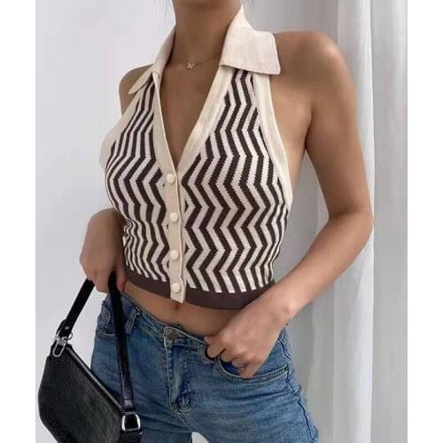 JMPRS Sexy Striped Knit Women Crop Tops Summer Backless Fashion Camis Button Up Streetwear Cardigan Skinny Sleeveless Tanks