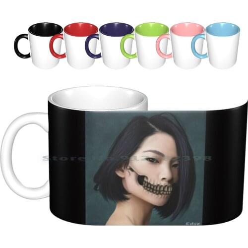 Skeleton Teeth Ceramic Mugs Coffee Cups Milk Tea Mug Witch Witchy Spooky Female Asian Green Black Hair Skeleton Evil Goth