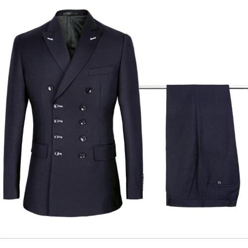 Smart Business Man Suit Set 2021 New Fashion Solid Double Breasted Black Dark Blue Male Professional Suit Sets