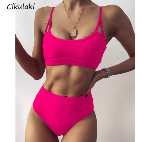 Swimwear Womens Ribbed High Waist Bikinis 2021 mujer Solid Color Swimsuits Two-pieces Bikini Set Summer Beachwear Bathing Suit