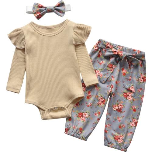 Hot Selling Baby Clothes 3pcs Set New Toddler Girl Fall Outfit Fly Sleeve Newborn Romper Floral Bow Pants Headband Infant Suits