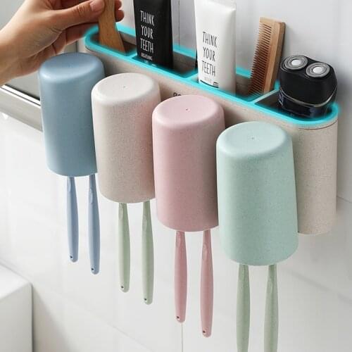 ECOCO 2/3/4 Cup Toothbrush Holder Wall-mount Toothbrush Toothpaste Cup Storage Bathroom Accessories for Family Couples Set