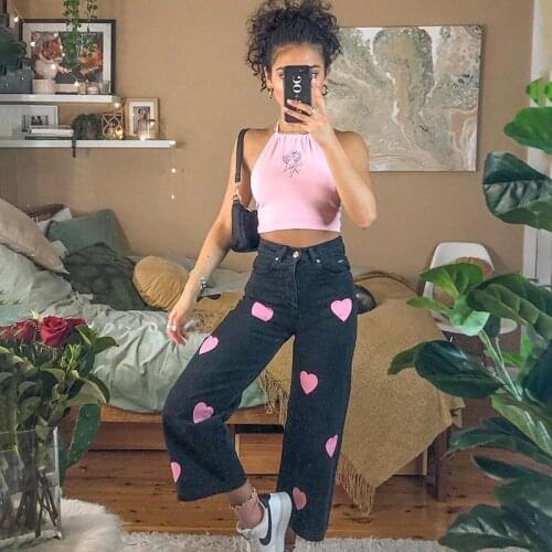 Autumn new womens pants girls drape love printing high waist straight pants