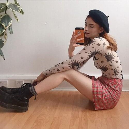 Sexy Women Sun Moon Printed See Through Transparent Mesh Crop Tops Black White Long Sleeve Sheer Slim Ladies Round Neck T-Shirt