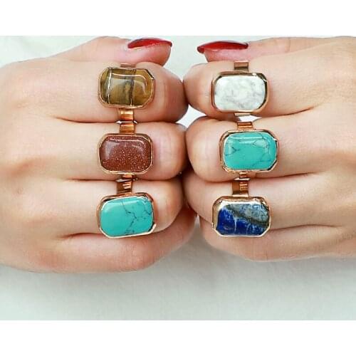 SAY HELLO Crystal Open Rings for Women Natural Stone Square Turquoise Rings Agate Opal Wedding Party Ring Adjustable E40509