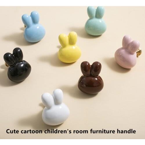 Cute cartoon colorful ceramic rabbit childrens room furniture handle white black yellow blue green drawer cabinet knob pull