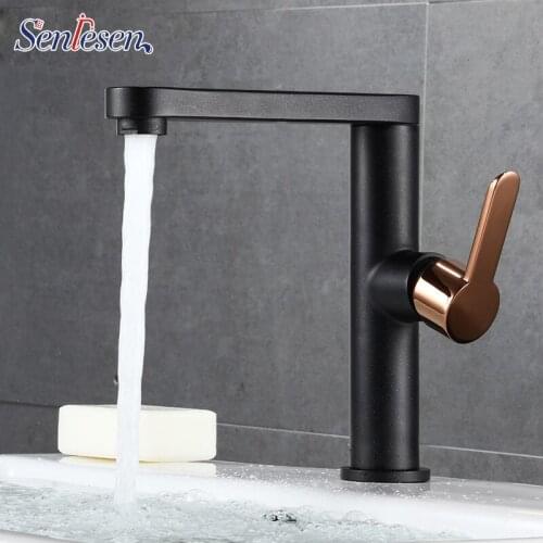 Senlesen All Copper Black Basin Faucet Hot and Cold Single Hole European Style Simple Golden Basin Faucet Home Bathroom Faucet