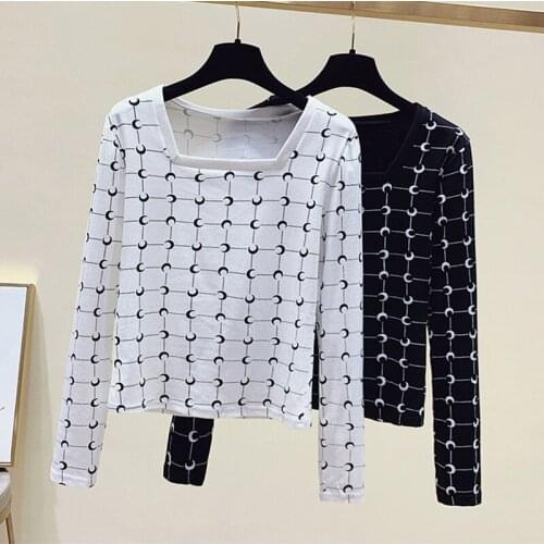 GGRIGHT Casual Print Cotton T-Shirt Square Collar T Shirt Women Long Sleeve Tshirt Woman 2020 Fall Tops Casual Tee Shirt Femme