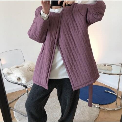 Women Autumn Winter Female Niche Design Lazy Round Neck Cotton-Padded Jacket Quilted Loose Belt Soft Warm Parkas