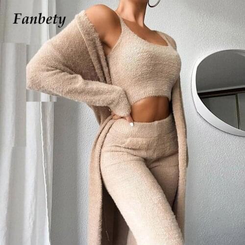 Women Fashion Solid Three-Piece Suit Sexy Vest + Long Cardigan Jacket + Casual Long Pant Autumn Winter Warm Long Sleeve Homewear