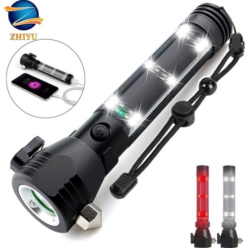 ZHIYU Emergency Flashlight USB Rechargeable Solar Led Torch Powered 2000mAh Power Bank with Window Breaker,Seat Belt Cutter